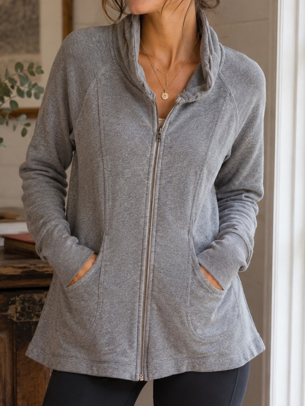 Eddie Bauer Heather Gray Full-Zip Sweater Knit Jacket 100% Cotton Fleece Outdoor